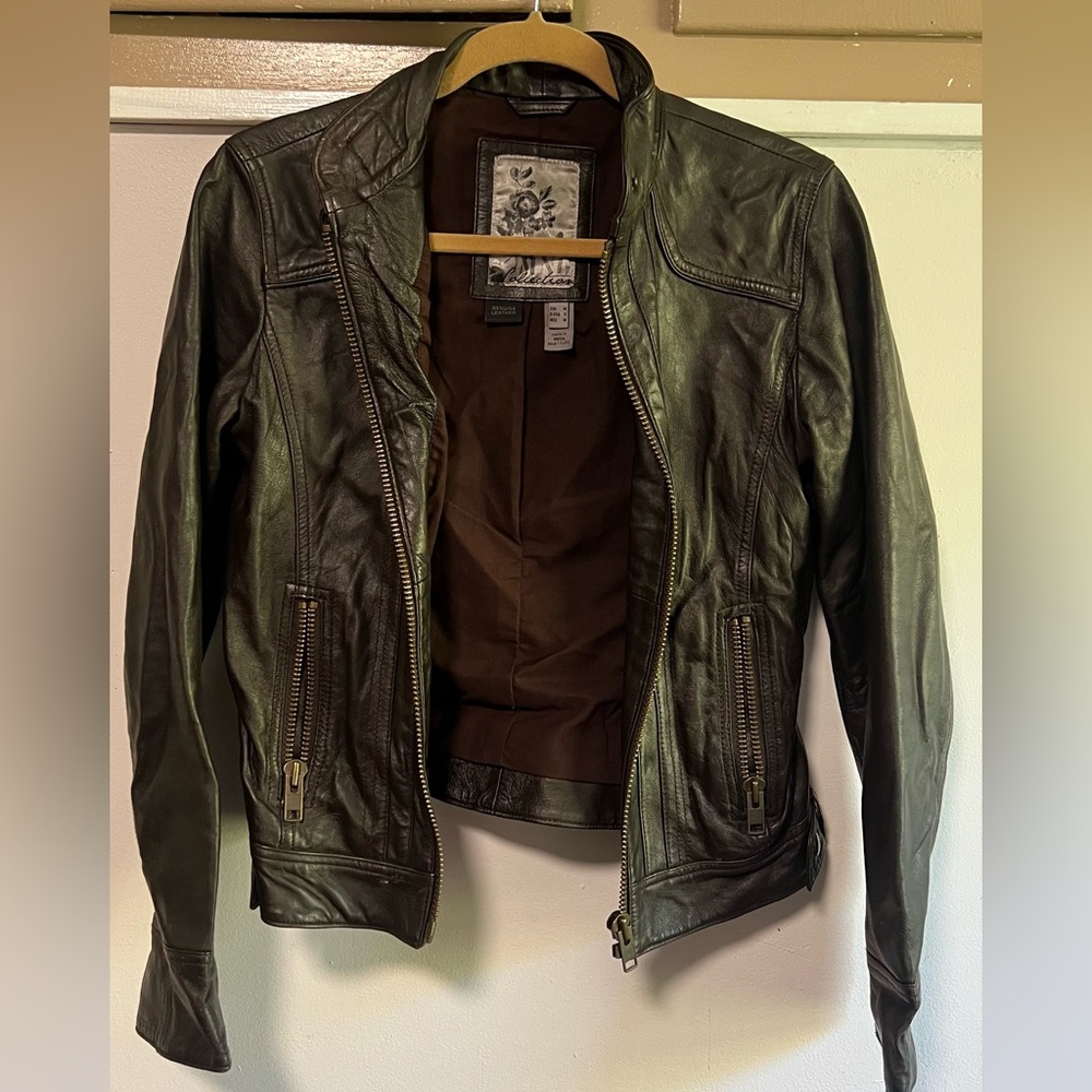 MNG Mango Chocolate Brown Genuine Leather Moto Jacket – Size M